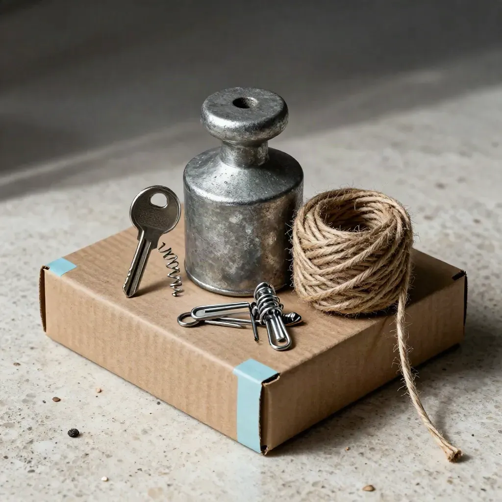 Kit spedizione PMI su travertino con peso, spago kraft e scatola rinforzata.