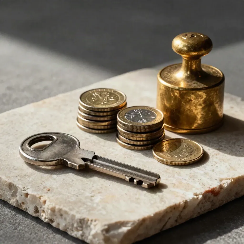 Chiave di casa, pile di monete e blocco in ottone su pietra chiara, luce radente.