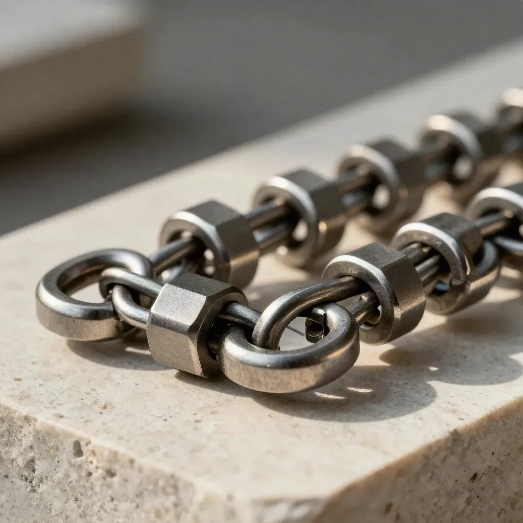 Maglie metalliche e blocchi modulari grafite su pietra chiara, luce radente e sfondo scuro.