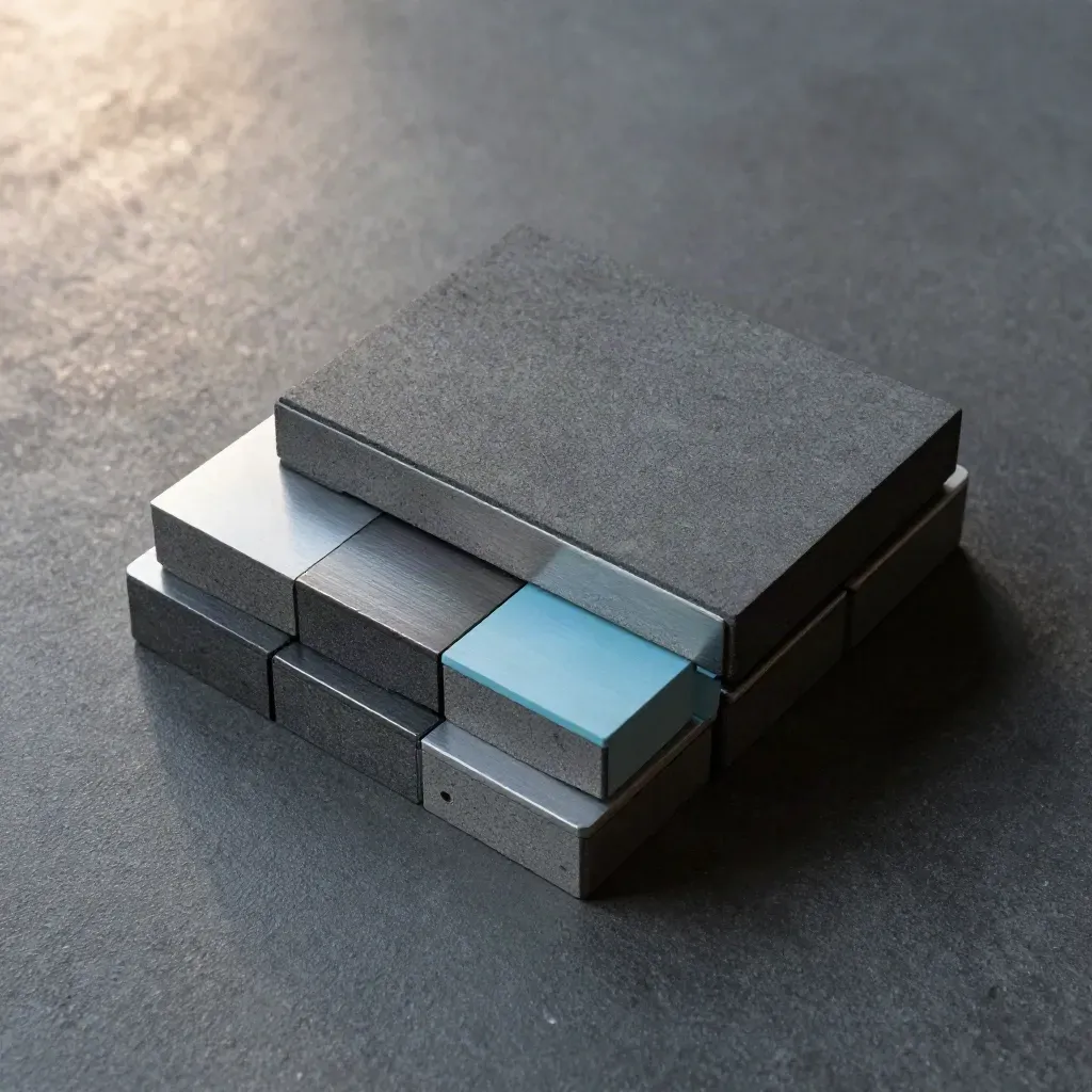 Blocchi modulari grafite con inserti magnetici e distanziale su cemento, visti dall’alto.